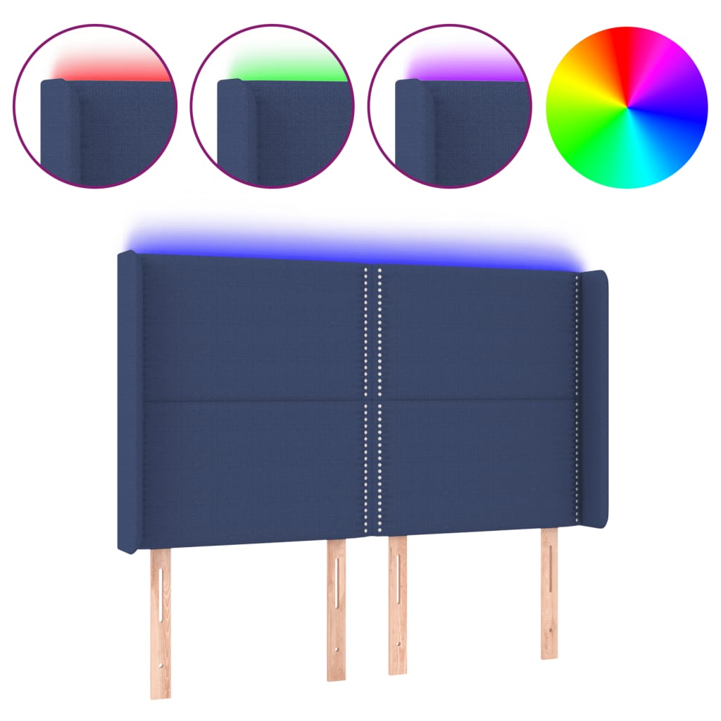 vidaXL Cabeceira de cama c/ luzes LED tecido 147x16x118/128 cm azul