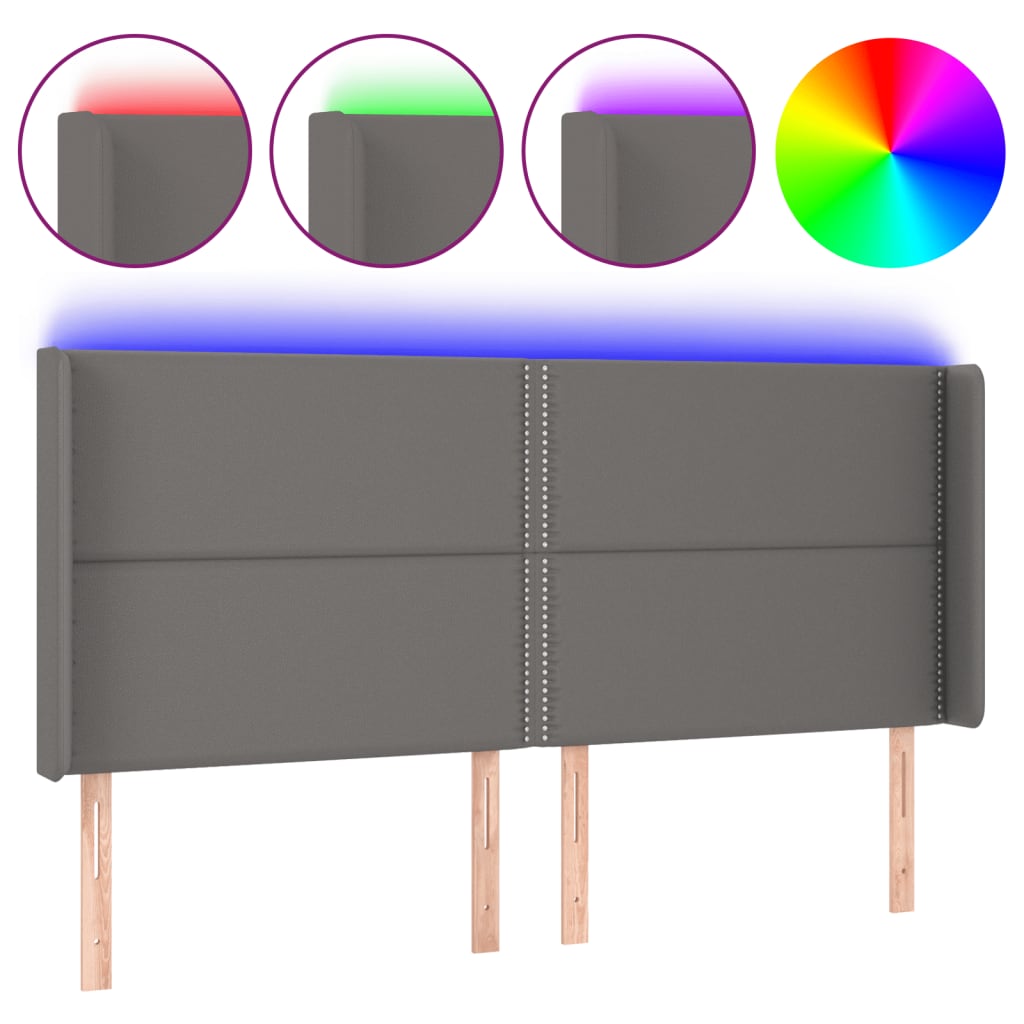 vidaXL Cabeceira cama c/ LED couro artif. 203x16x118/128 cm cinzento