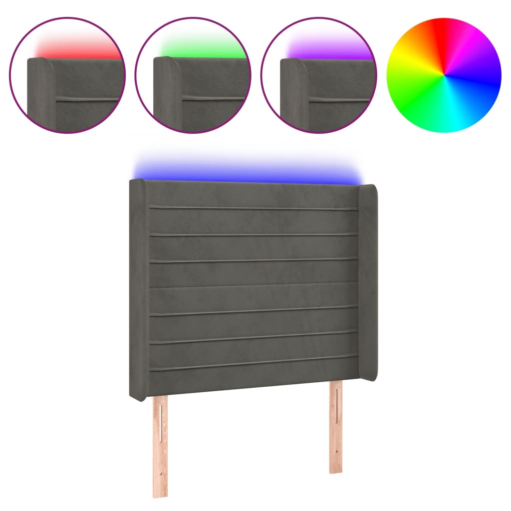 vidaXL Cabeceira de cama c/ LED veludo 103x16x118/128 cm cinza-escuro