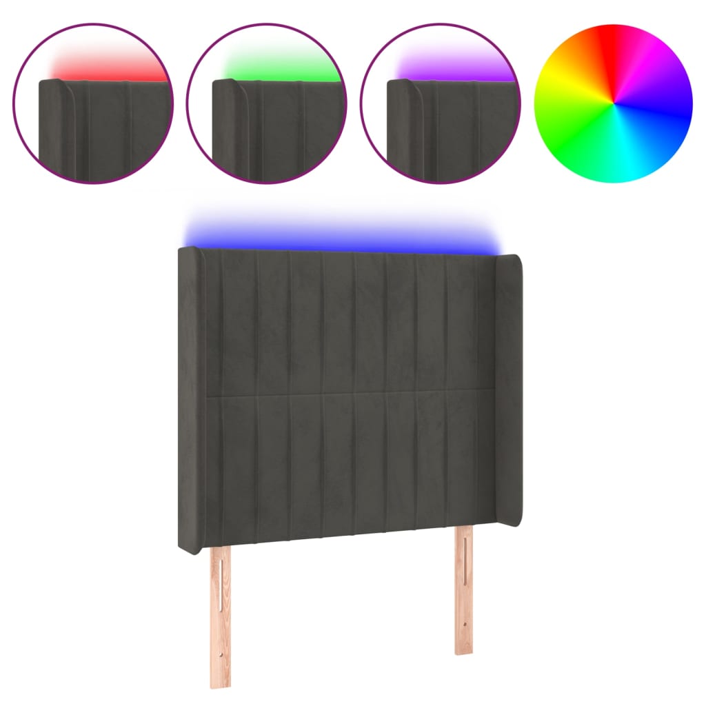 vidaXL Cabeceira cama c/ luzes LED veludo 93x16x118/128cm cinza-escuro