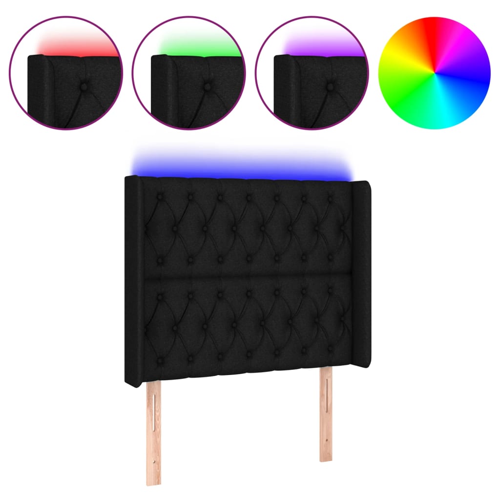 vidaXL Cabeceira de cama c/ luzes LED tecido 103x16x118/128 cm preto