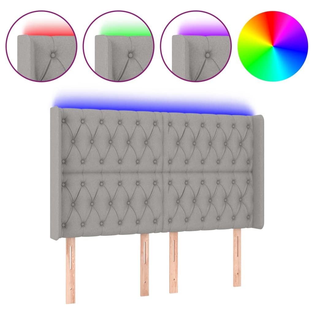 vidaXL Cabeceira cama c/ luzes LED tecido 163x16x118/128cm cinza-claro
