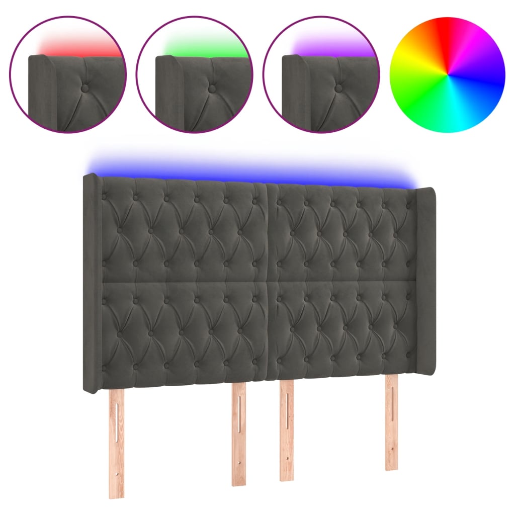 vidaXL Cabeceira de cama c/ LED veludo 163x16x118/128 cm cinza-escuro
