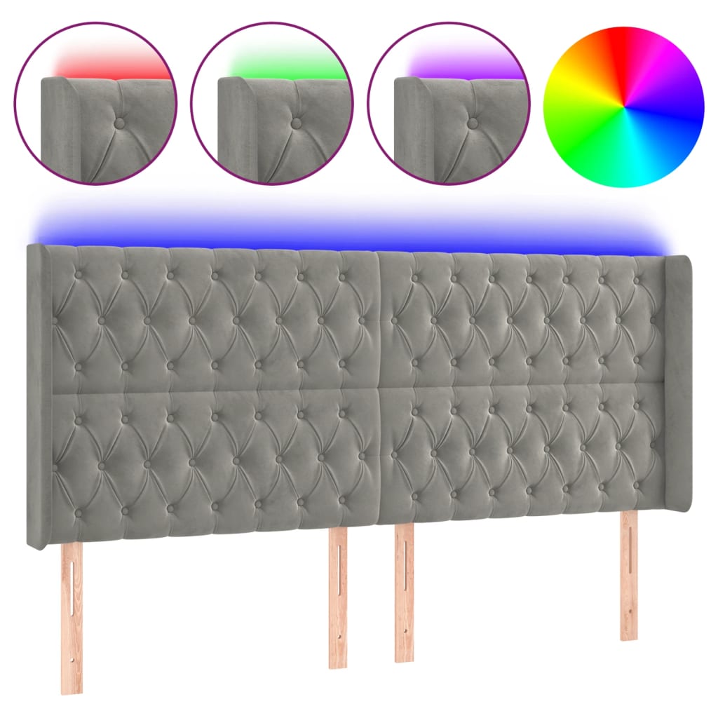 vidaXL Cabeceira cama c/ luzes LED veludo 203x16x118/128cm cinza-claro