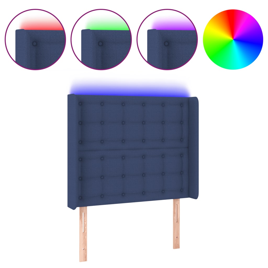 vidaXL Cabeceira de cama c/ luzes LED tecido 103x16x118/128 cm azul