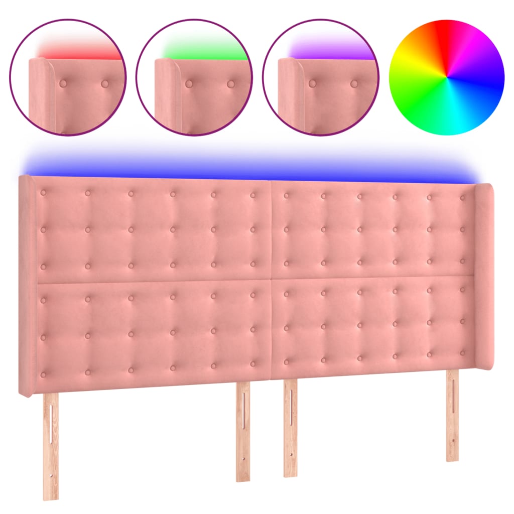 vidaXL Cabeceira de cama c/ luzes LED veludo 163x16x118/128 cm rosa