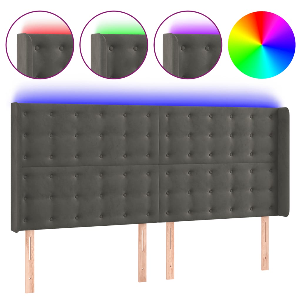 vidaXL Cabeceira de cama c/ LED veludo 183x16x118/128 cm cinza-escuro