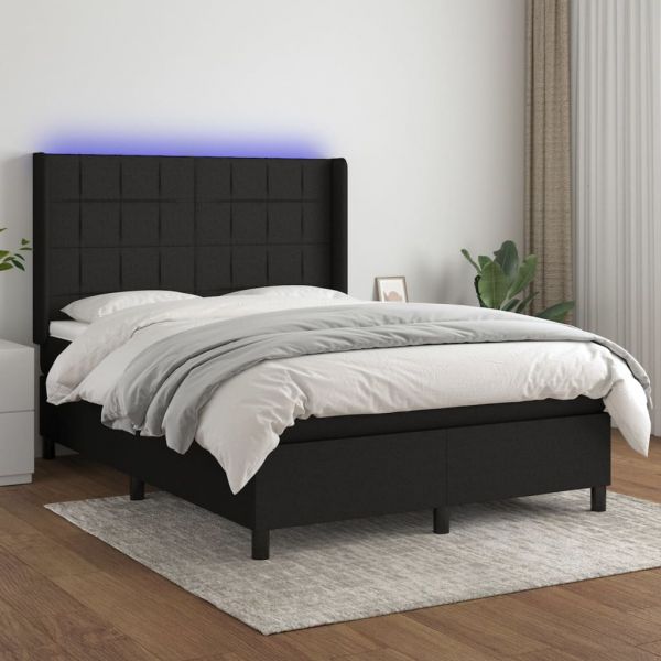 vidaXL Cama Box Spring com Colchão e LED 140x190 cm Tecido Preto - 1987422350