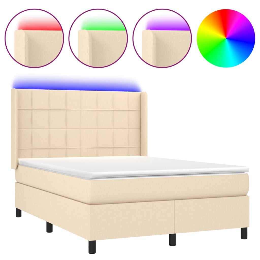 vidaXL Cama box spring c/ colchão e LED 140x190 cm tecido cor creme