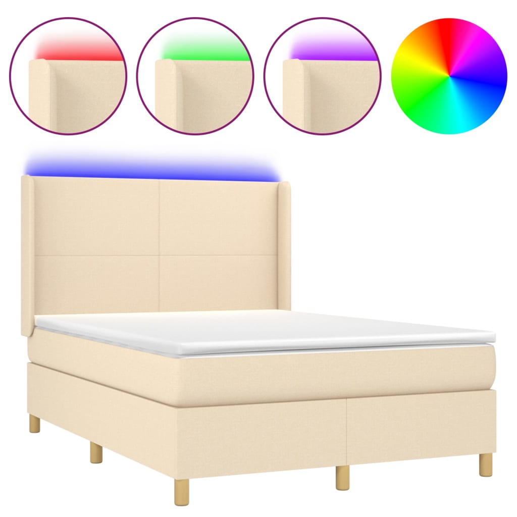 vidaXL Cama box spring c/ colchão e LED 140x200 cm tecido cor creme