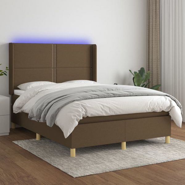 vidaXL Cama Box Spring com Colchão/led 140x190cm Tecido Castanho-escuro