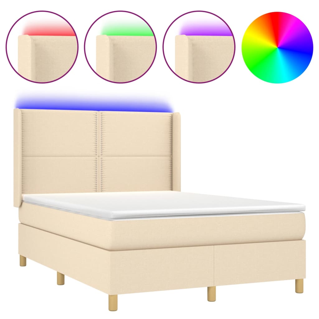 vidaXL Cama box spring c/ colchão e LED 140x190 cm tecido cor creme