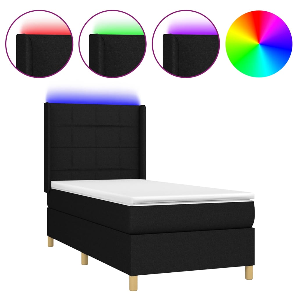 vidaXL Cama box spring c/ colchão e LED 90x190 cm tecido preto