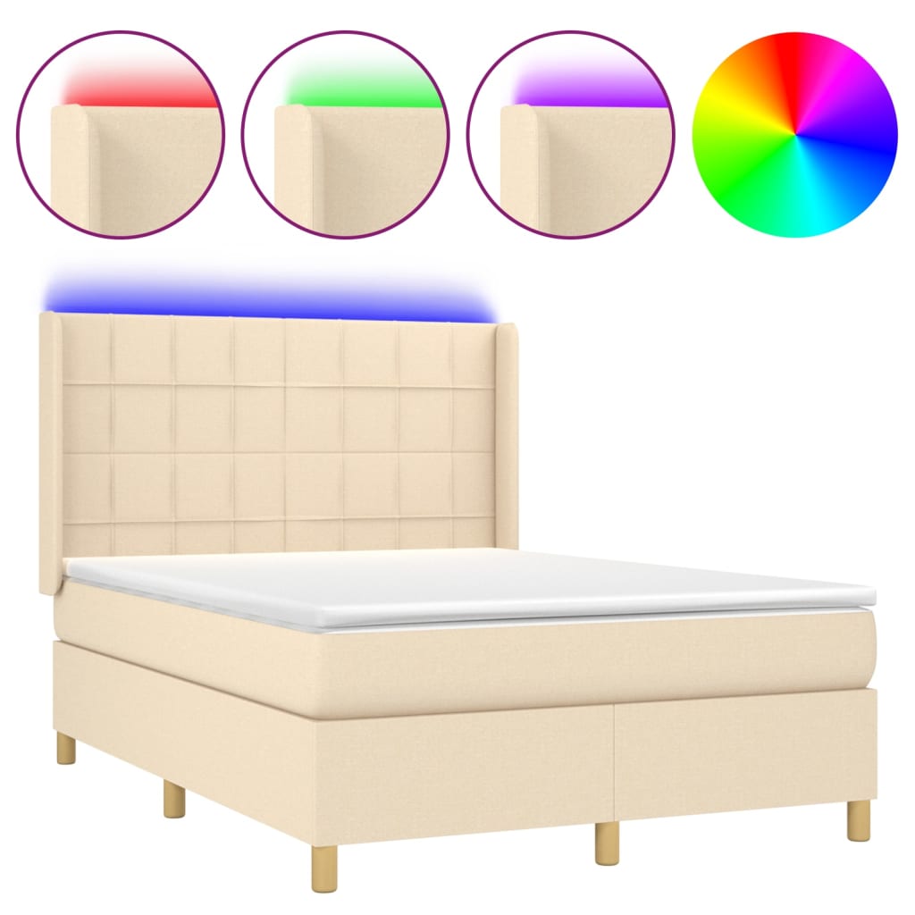 vidaXL Cama box spring c/ colchão e LED 140x190 cm tecido cor creme