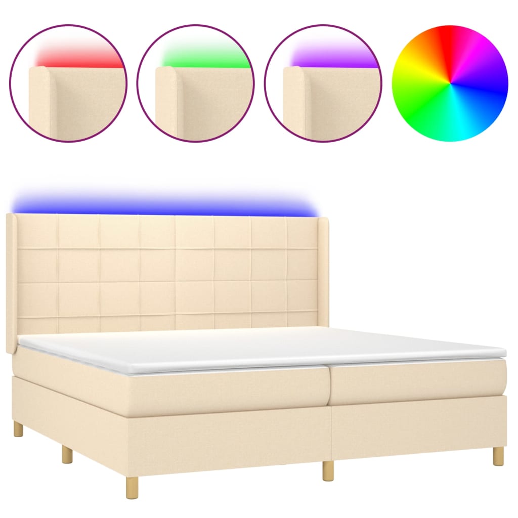 vidaXL Cama box spring c/ colchão e LED 200x200 cm tecido cor creme