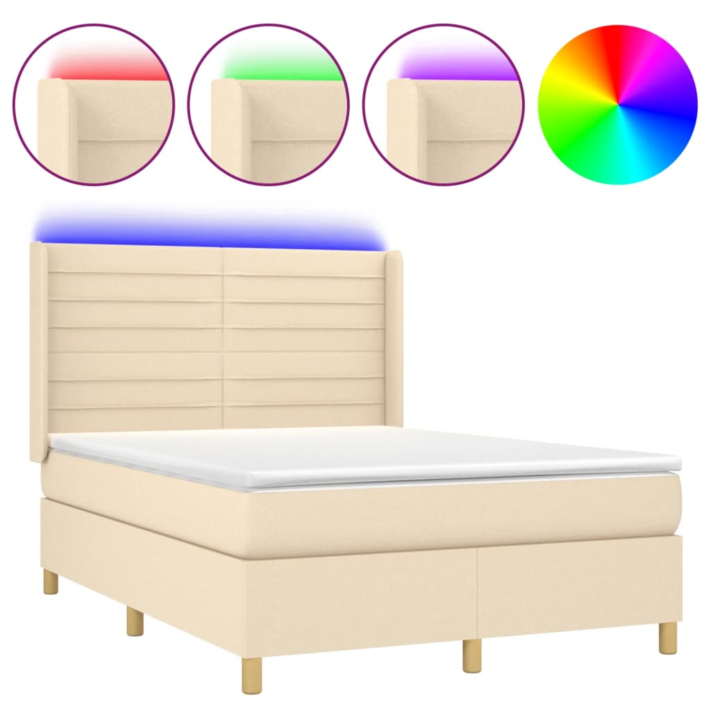 vidaXL Cama box spring c/ colchão e LED 140x200 cm tecido cor creme