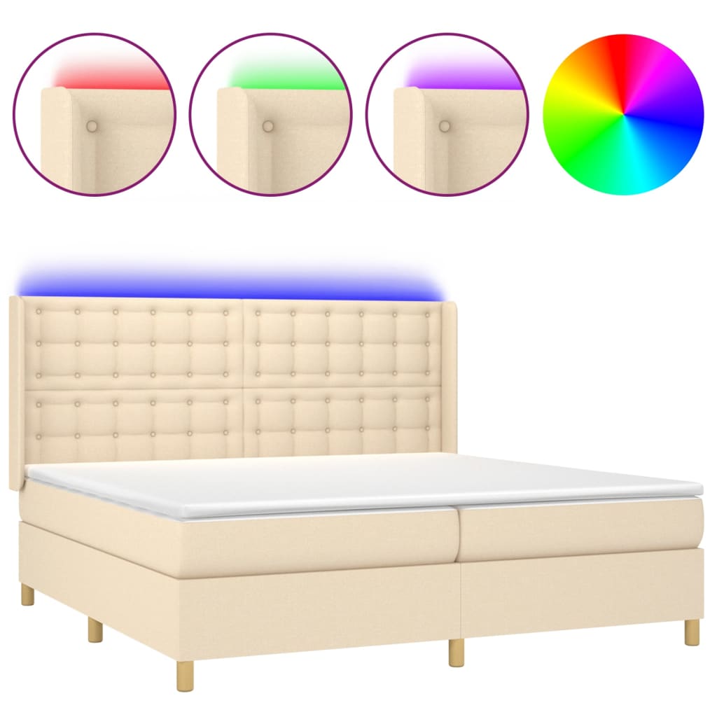 vidaXL Cama box spring c/ colchão e LED 200x200 cm tecido cor creme