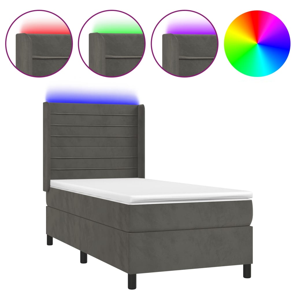 vidaXL Cama box spring c/ colchão/LED 90x190 cm veludo cinzento-escuro