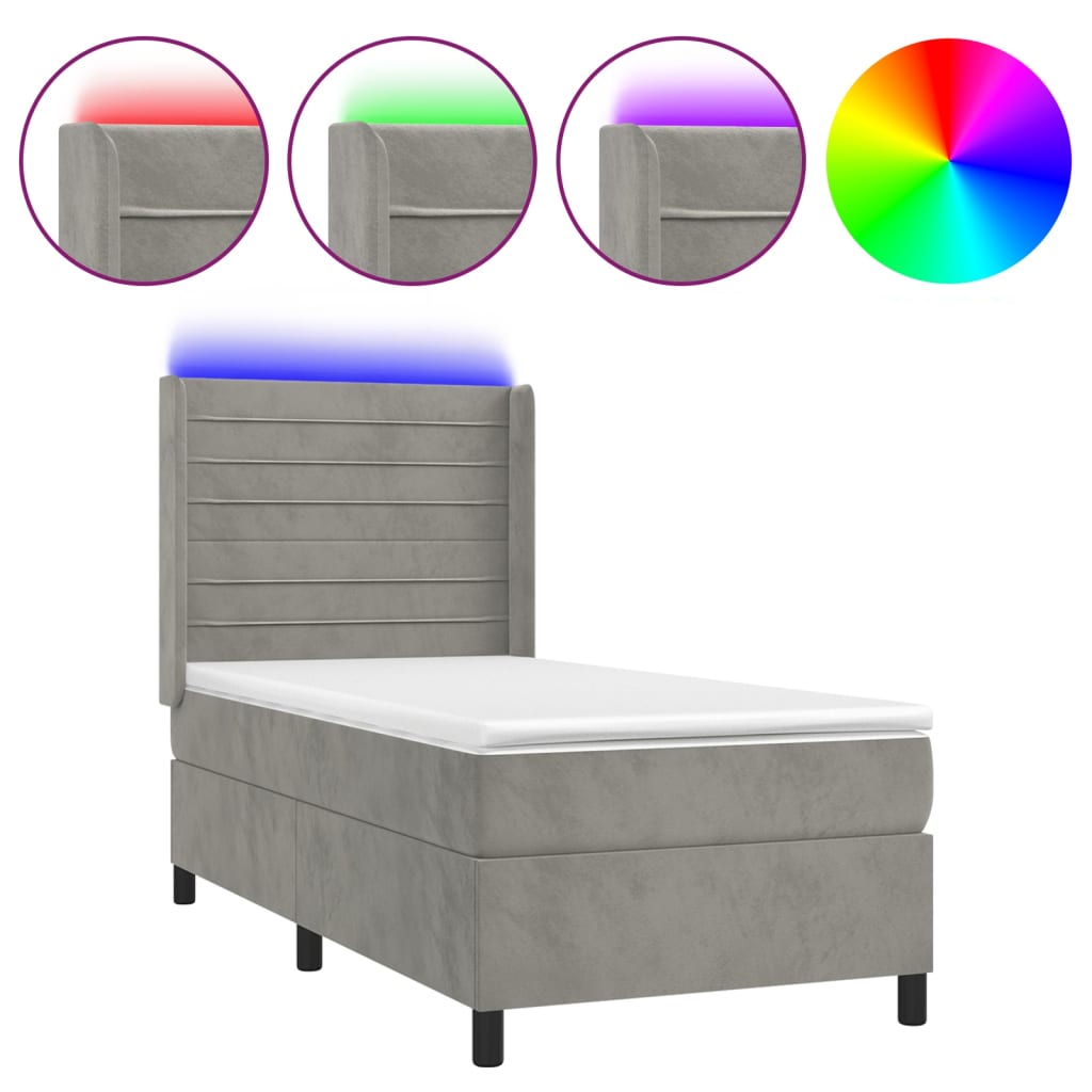 vidaXL Cama box spring c/ colchão/LED 90x200 cm veludo cinzento-claro