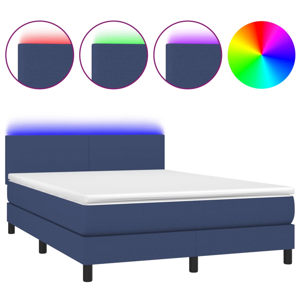vidaXL Cama box spring c/ colchão e LED 140x190 cm tecido azul