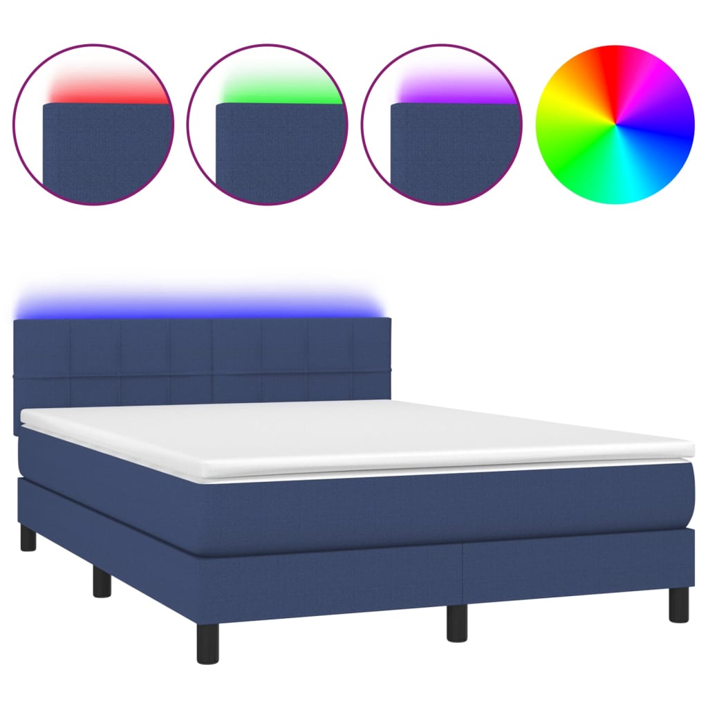 vidaXL Cama box spring c/ colchão e LED 140x190 cm tecido azul