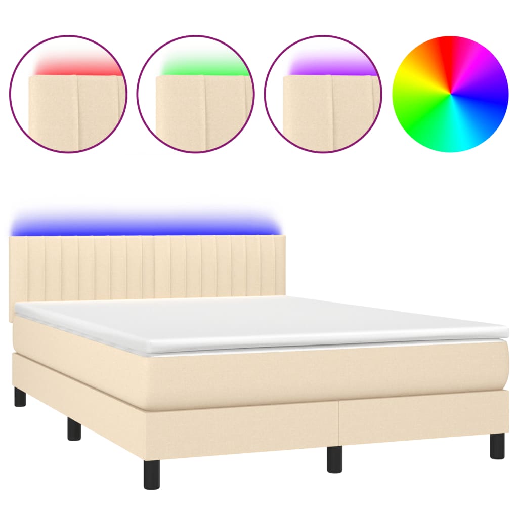 vidaXL Cama box spring c/ colchão e LED 140x200 cm tecido cor creme
