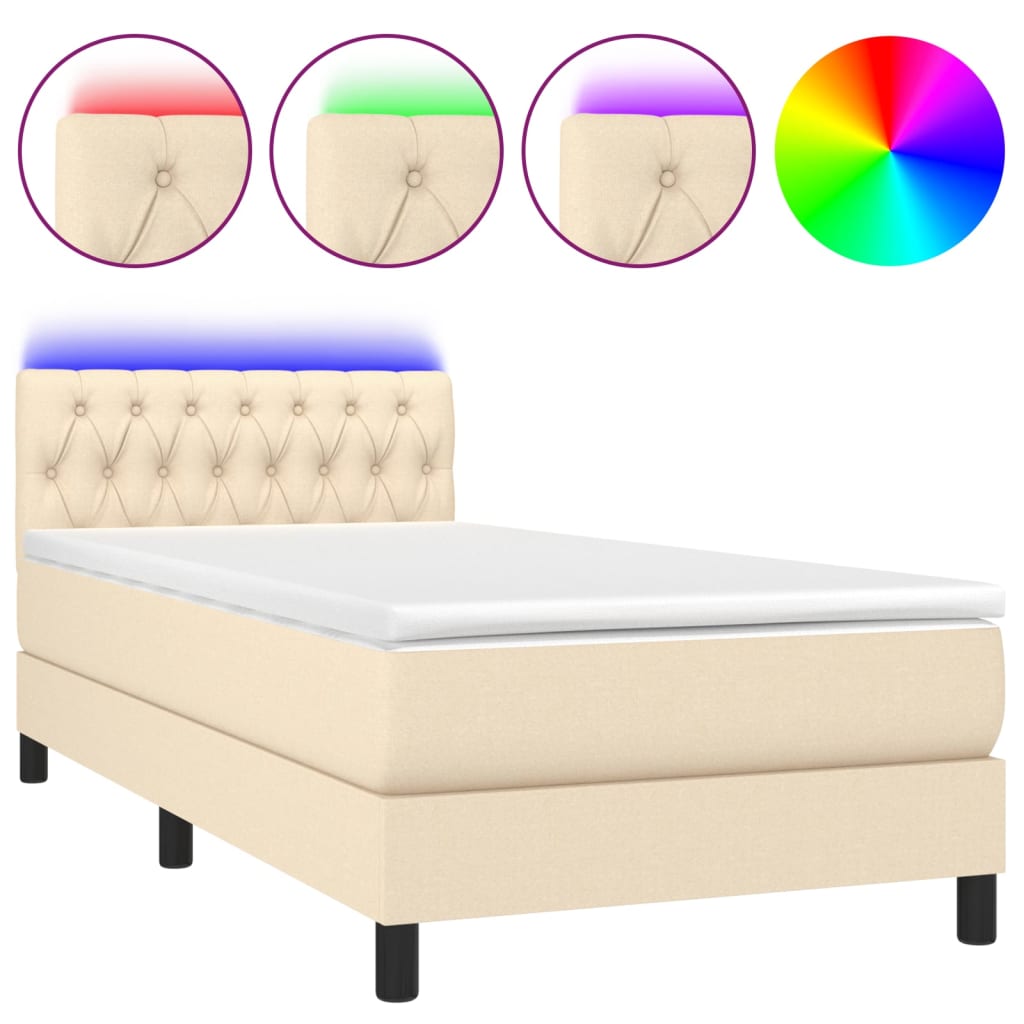 vidaXL Cama box spring c/ colchão e LED 100x200 cm tecido cor creme