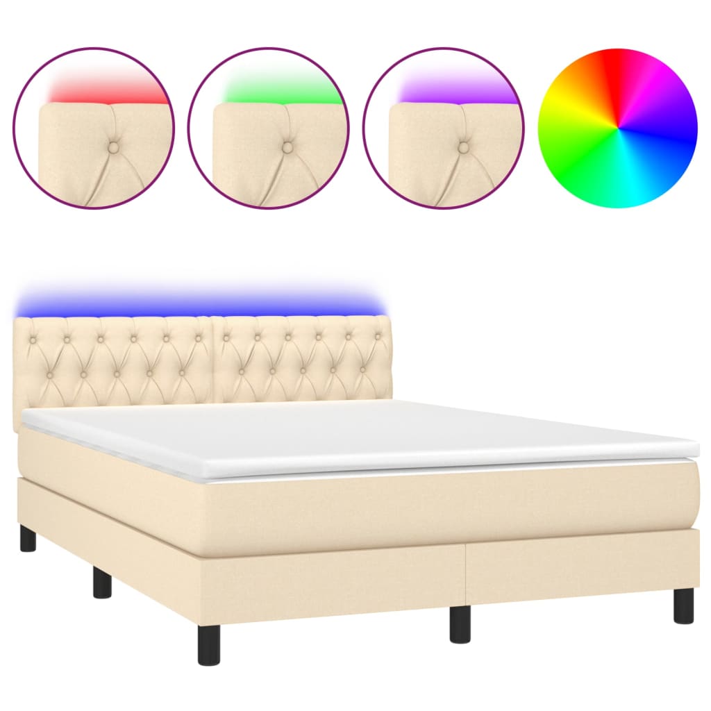 vidaXL Cama box spring c/ colchão e LED 140x190 cm tecido cor creme