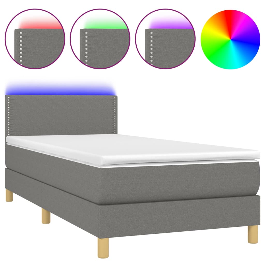 vidaXL Cama box spring c/ colchão e LED 100x200 cm tecido cinza-escuro