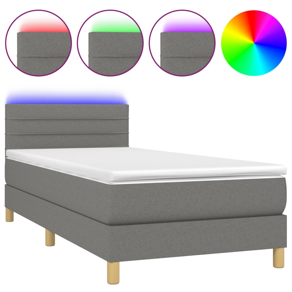 vidaXL Cama box spring c/ colchão e LED 90x200 cm tecido cinza-escuro