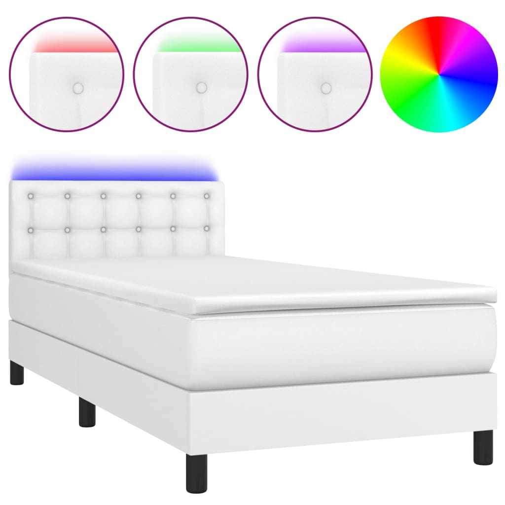 vidaXL Cama box spring c/ colchão/LED 90x200cm couro artificial branco