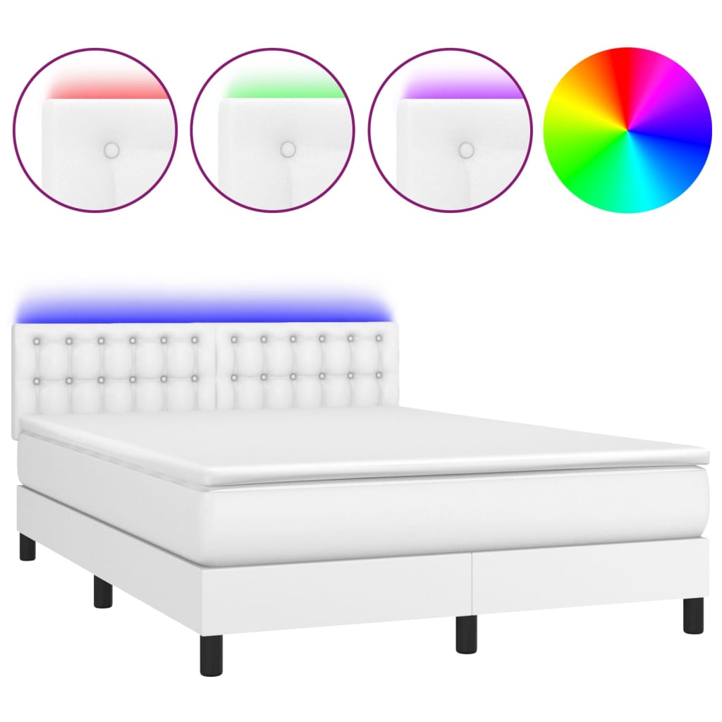 vidaXL Cama box spring c/colchão/LED 140x200cm couro artificial branco