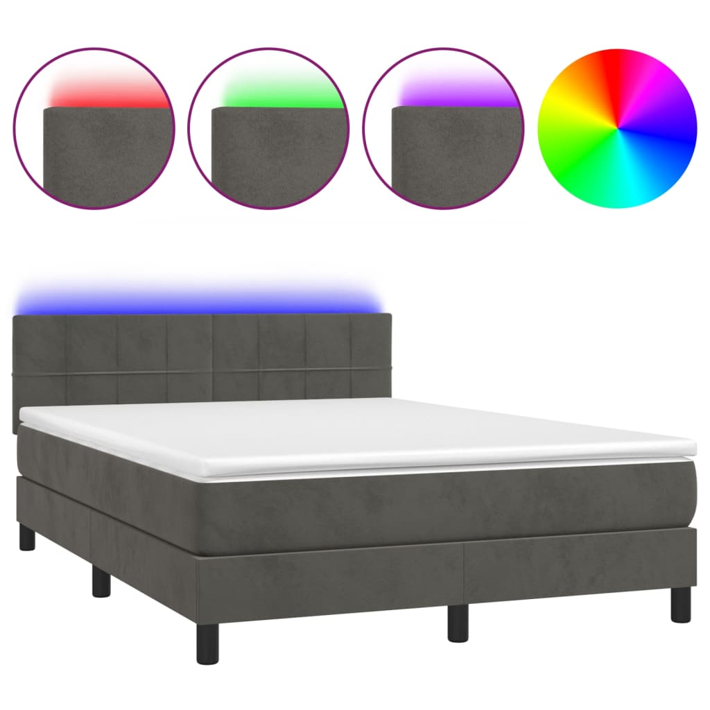 vidaXL Cama box spring c/ colchão/LED 140x200cm veludo cinzento-escuro