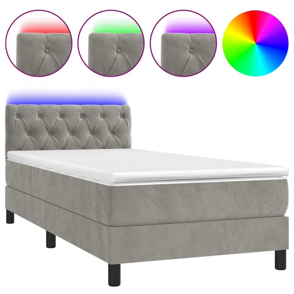 vidaXL Cama box spring c/ colchão/LED 80x200 cm veludo cinzento-claro