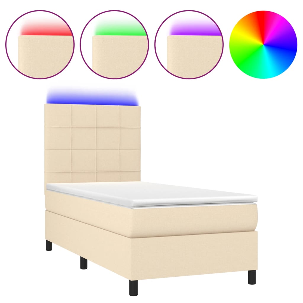 vidaXL Cama box spring c/ colchão e LED 100x200 cm tecido cor creme