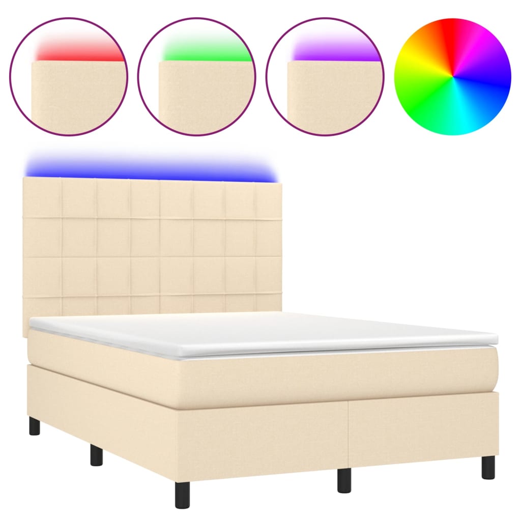 vidaXL Cama box spring c/ colchão e LED 140x190 cm tecido cor creme