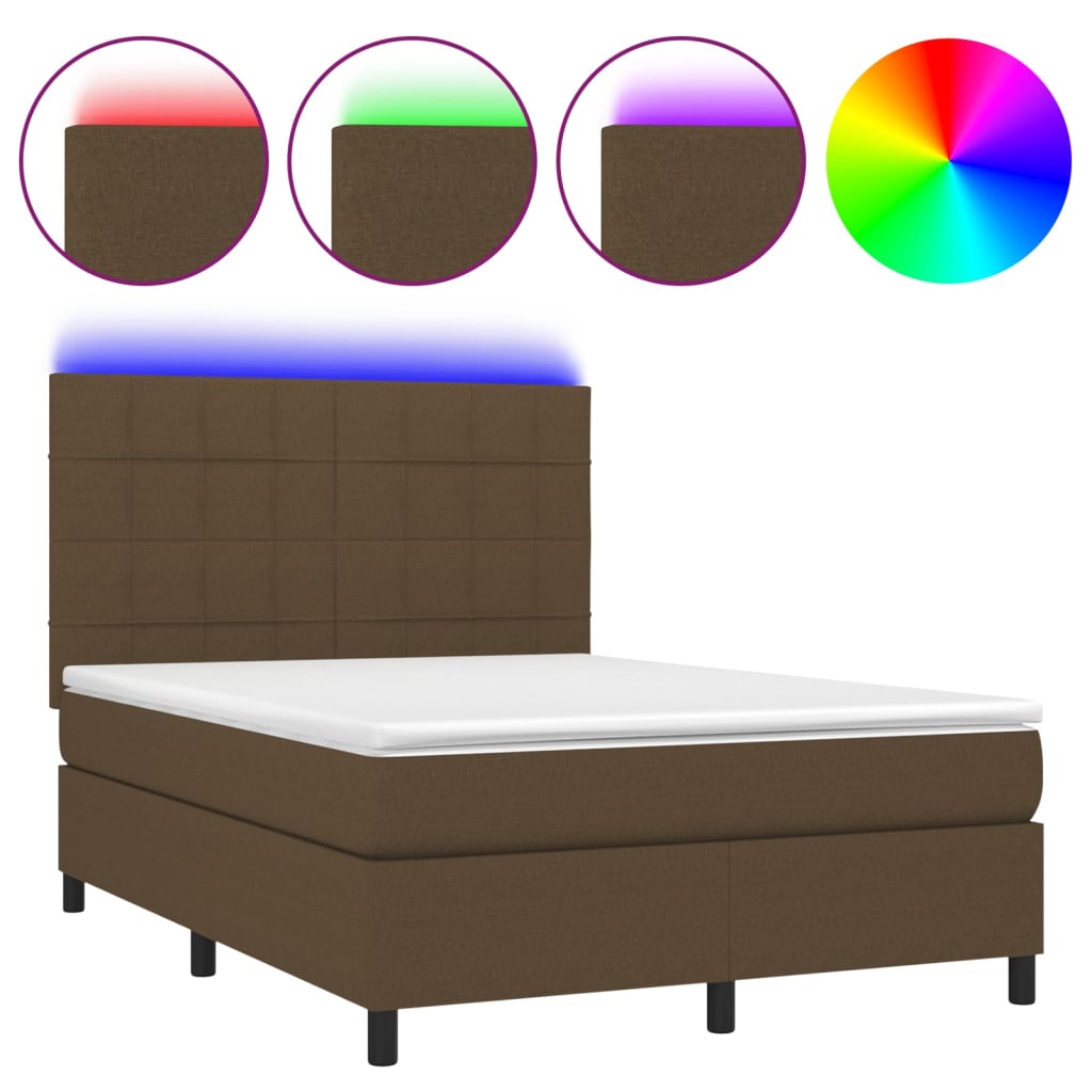vidaXL Cama box spring c/ colchão/LED 140x200cm tecido castanho-escuro