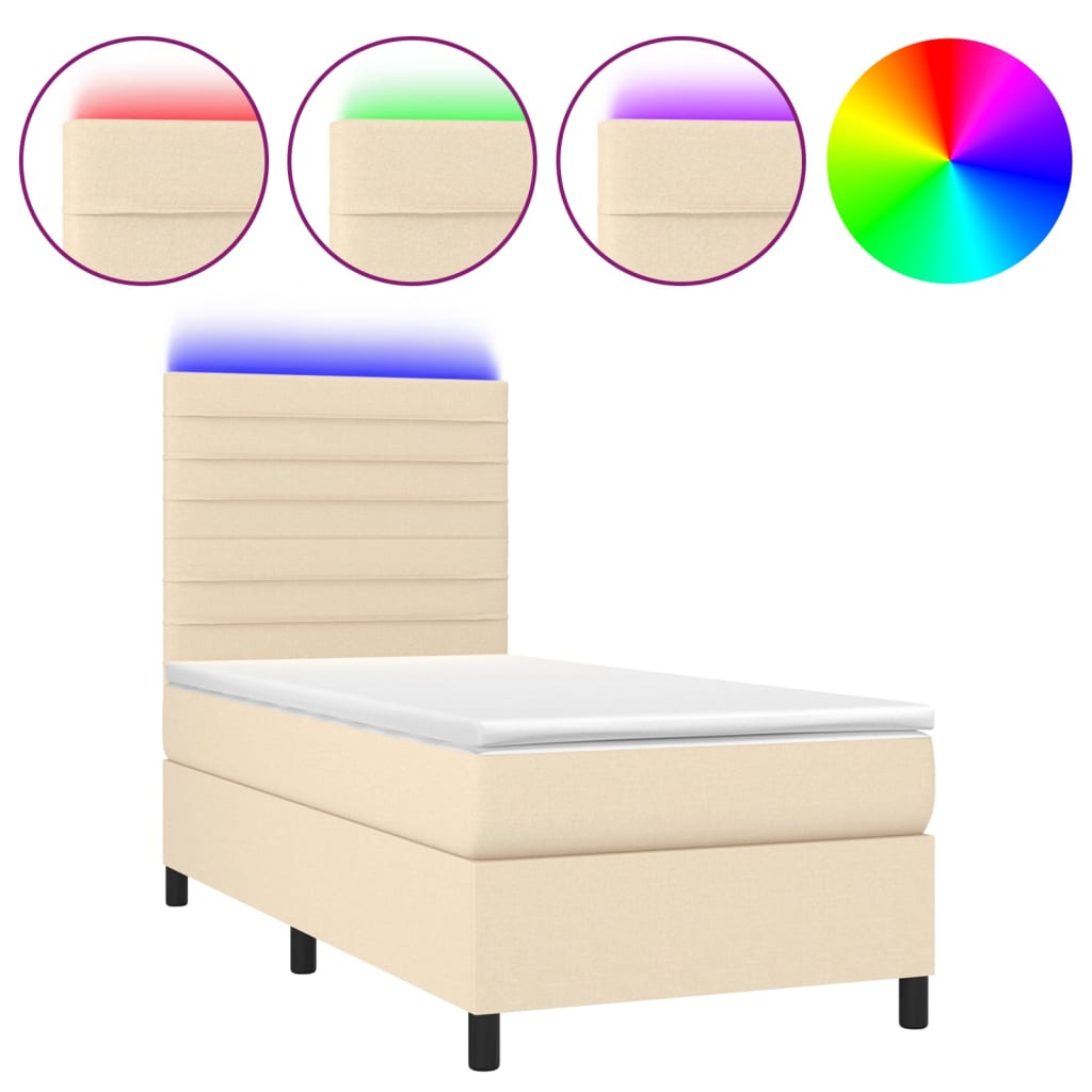 vidaXL Cama box spring c/ colchão e LED 90x200 cm tecido cor creme