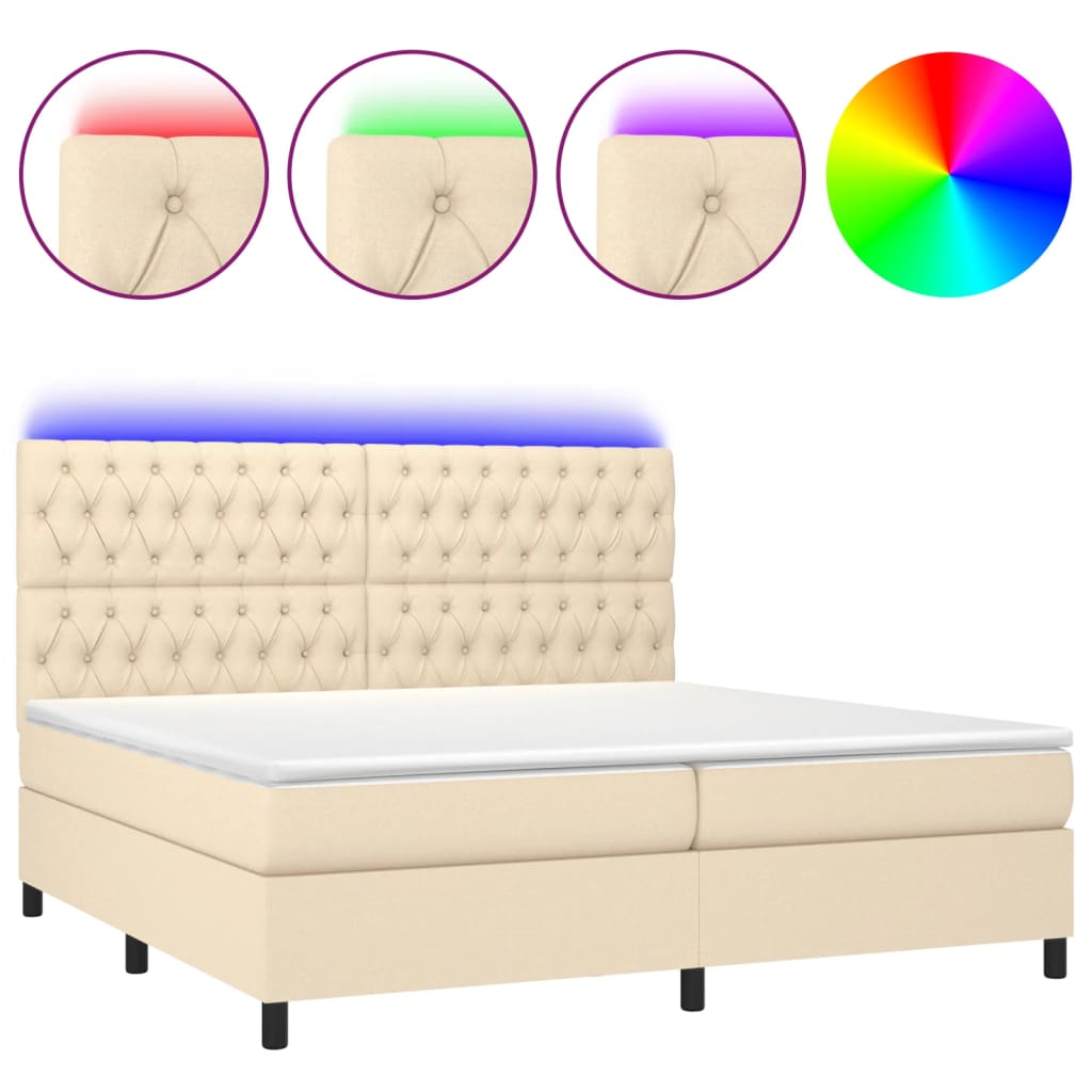 vidaXL Cama box spring c/ colchão e LED 200x200 cm tecido cor creme