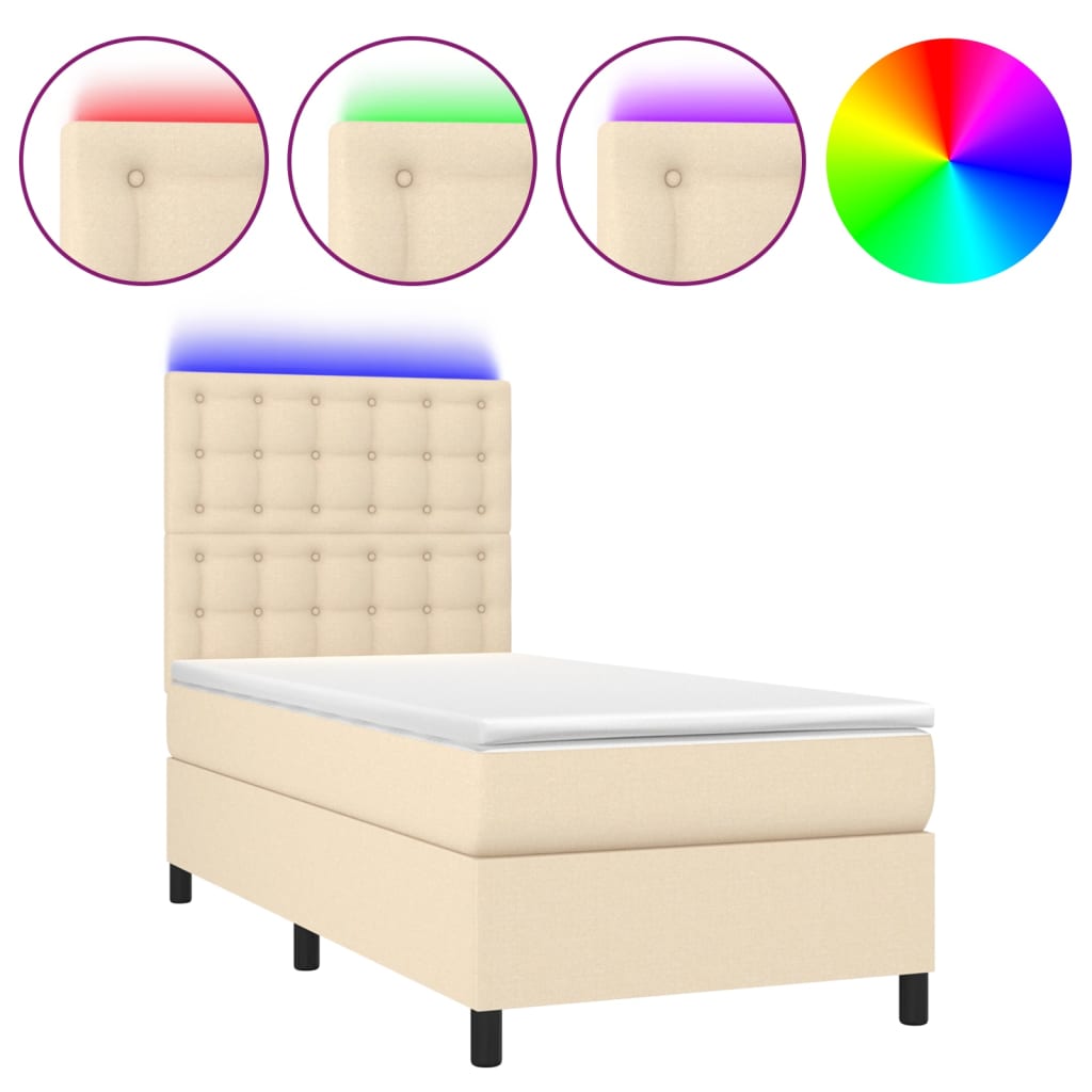 vidaXL Cama box spring c/ colchão e LED 100x200 cm tecido cor creme