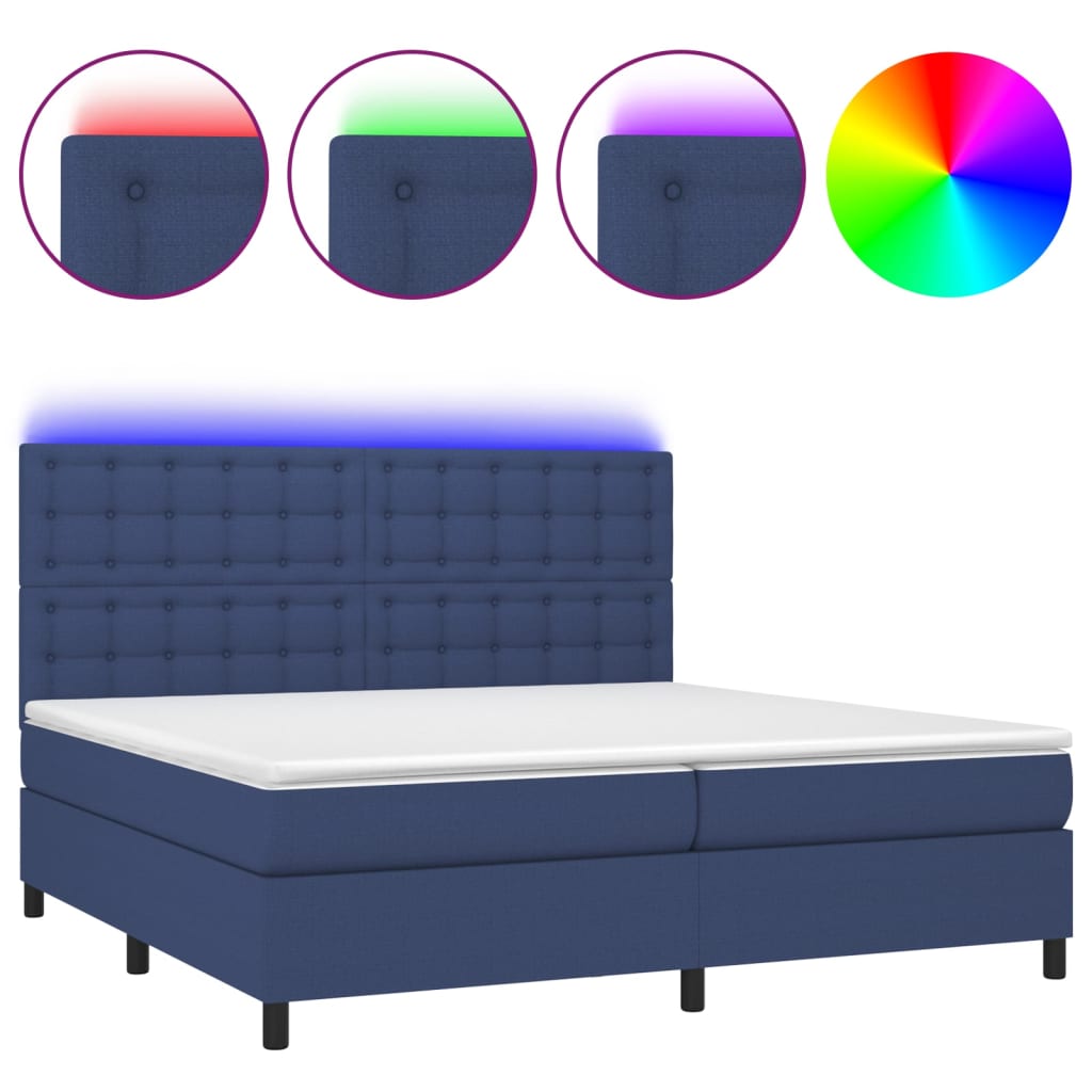 vidaXL Cama box spring c/ colchão e LED 200x200 cm tecido azul