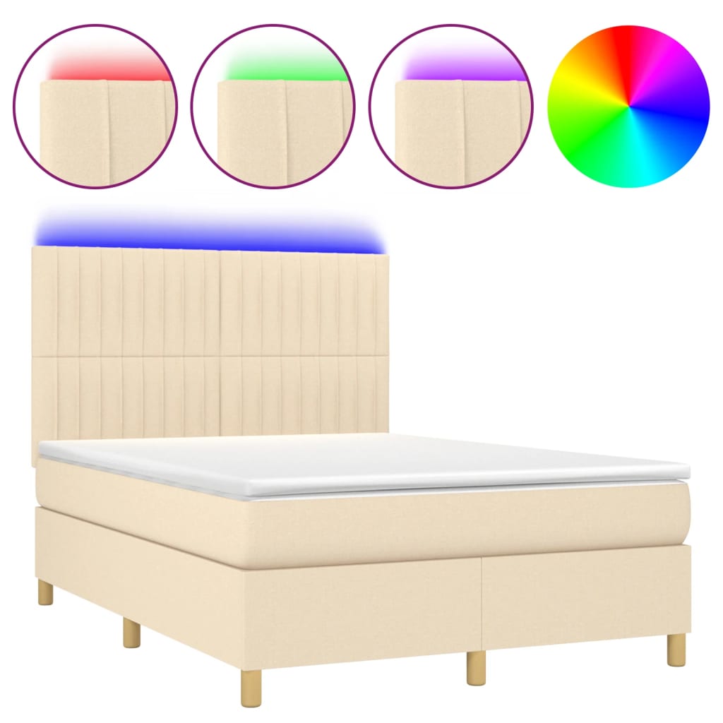 vidaXL Cama box spring c/ colchão e LED 140x190 cm tecido cor creme