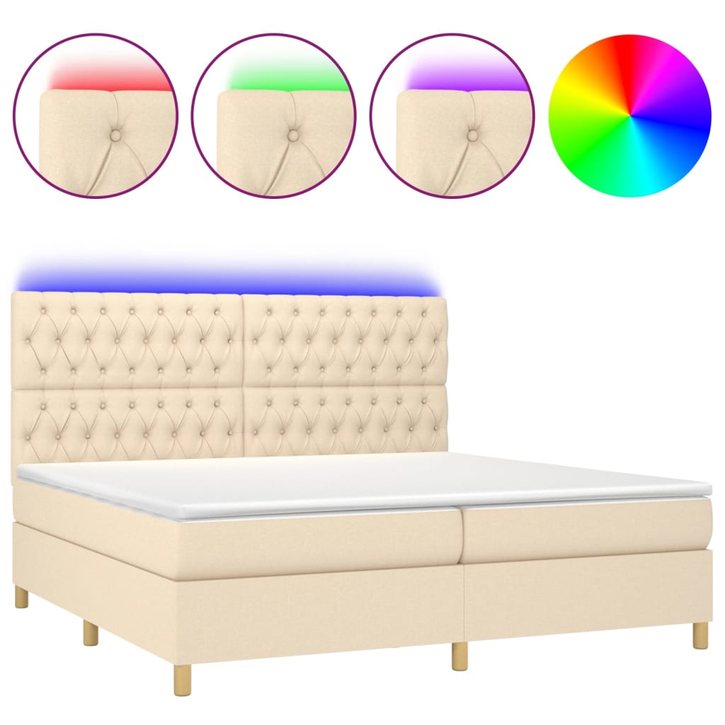 vidaXL Cama box spring c/ colchão e LED 200x200 cm tecido cor creme