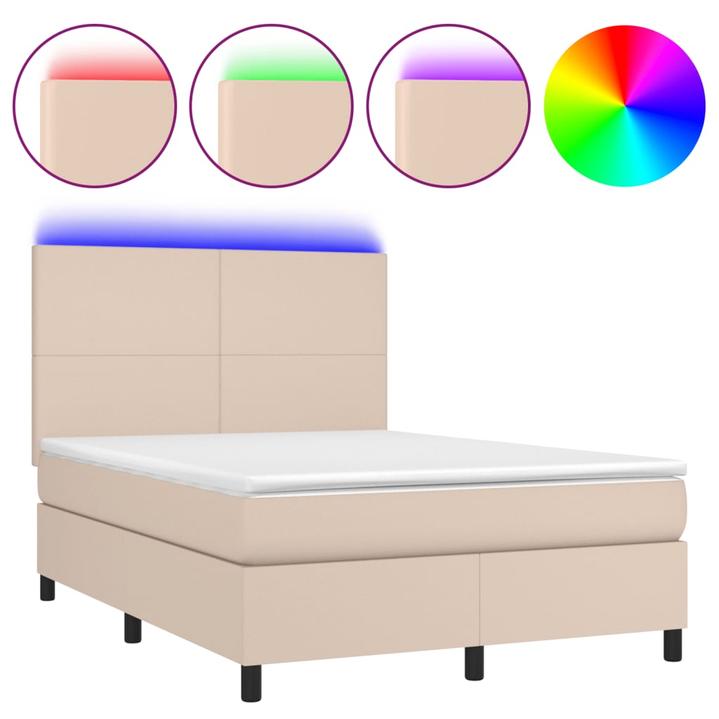 vidaXL Cama box spring c/colchão/LED 140x190cm couro artif. cappuccino