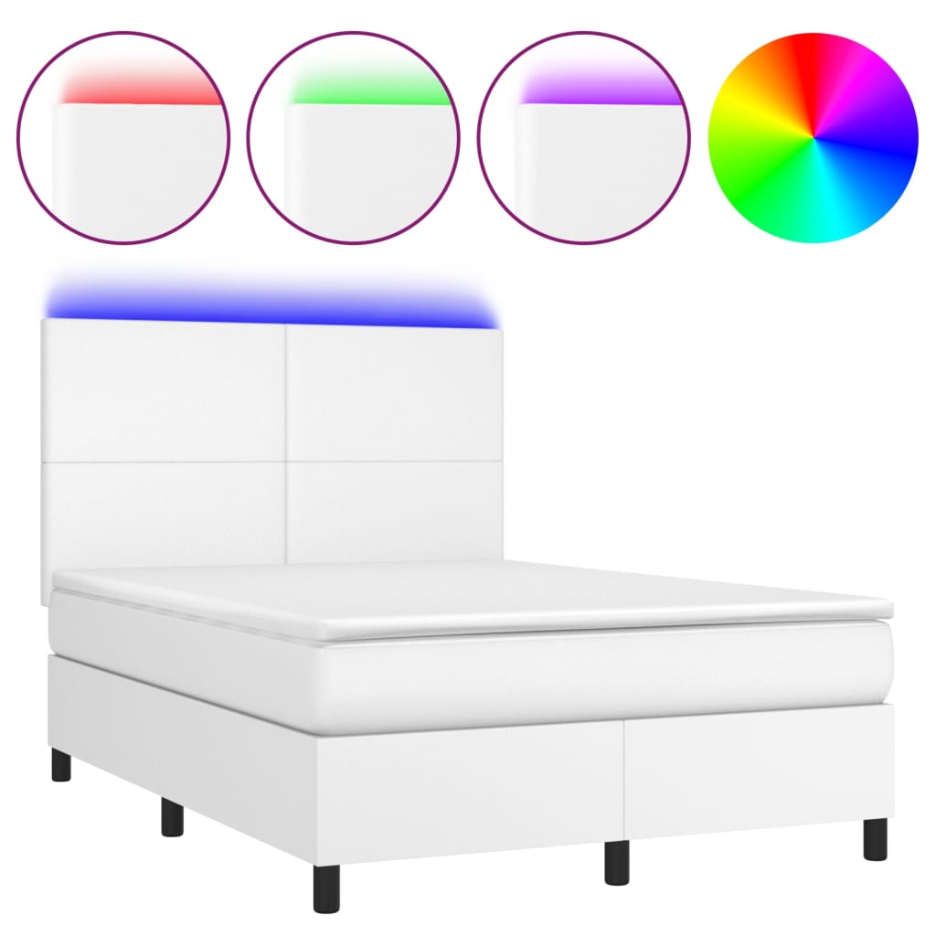 vidaXL Cama box spring c/colchão/LED 140x200cm couro artificial branco