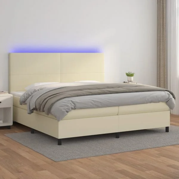 Cama Box Spring com Colchão/led 200x200cm Couro Artificial Creme - 3135845