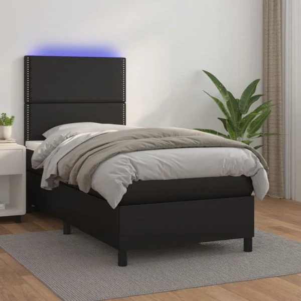 vidaXL Cama Box Spring com Colchão/led 90x200 cm Couro Artificial Preto - 3339389301