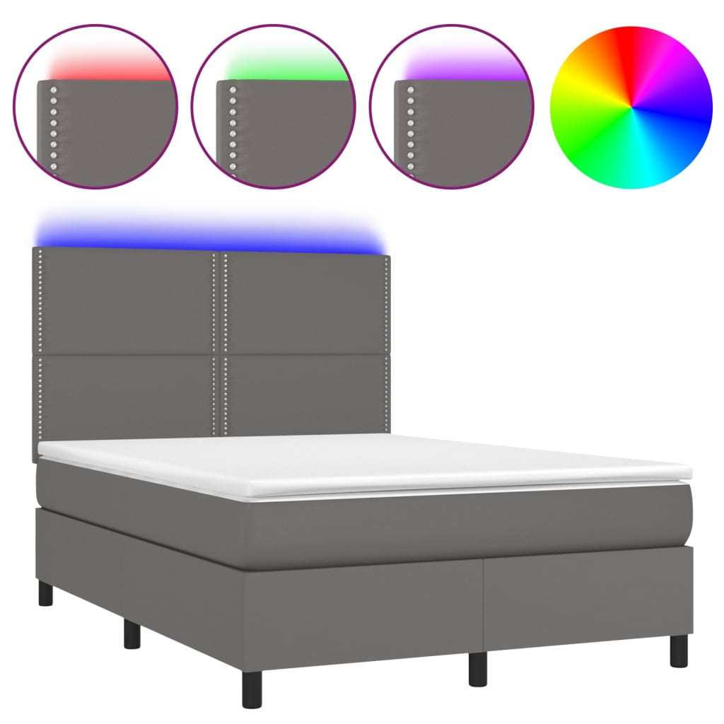 vidaXL Cama box spring c/ colchão/LED 140x200cm couro artificial cinza