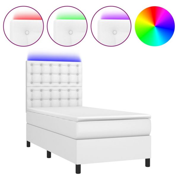 vidaXL Cama Box Spring com Colchão/led 80x200cm Couro Artificial Branco - 4270834963