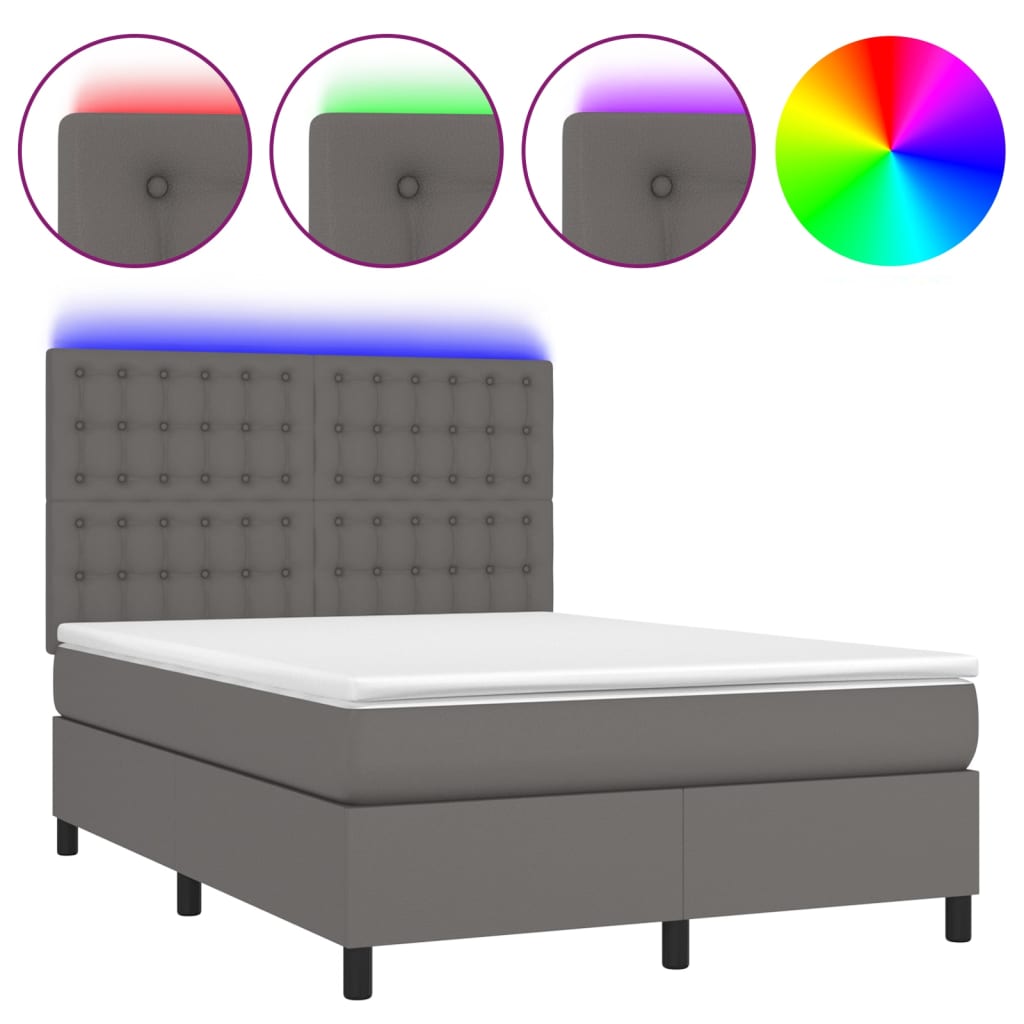 vidaXL Cama box spring c/ colchão/LED 140x190cm couro artificial cinza
